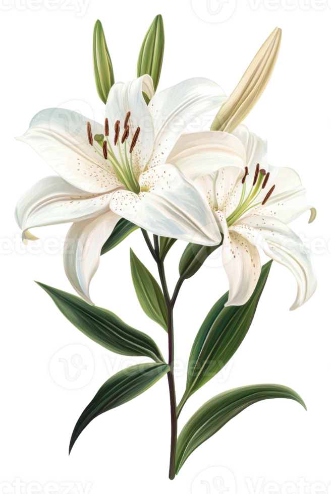 Elegant white lilies in bloom with green leaves isolated on transparent background png