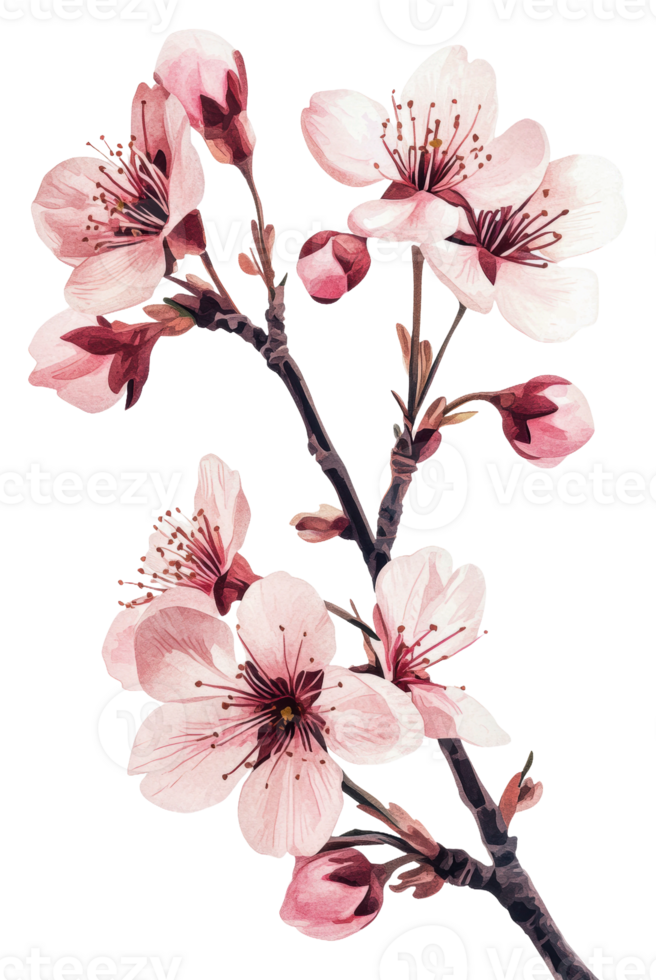 Delicate cherry blossoms in full bloom on a branch isolated on transparent background png