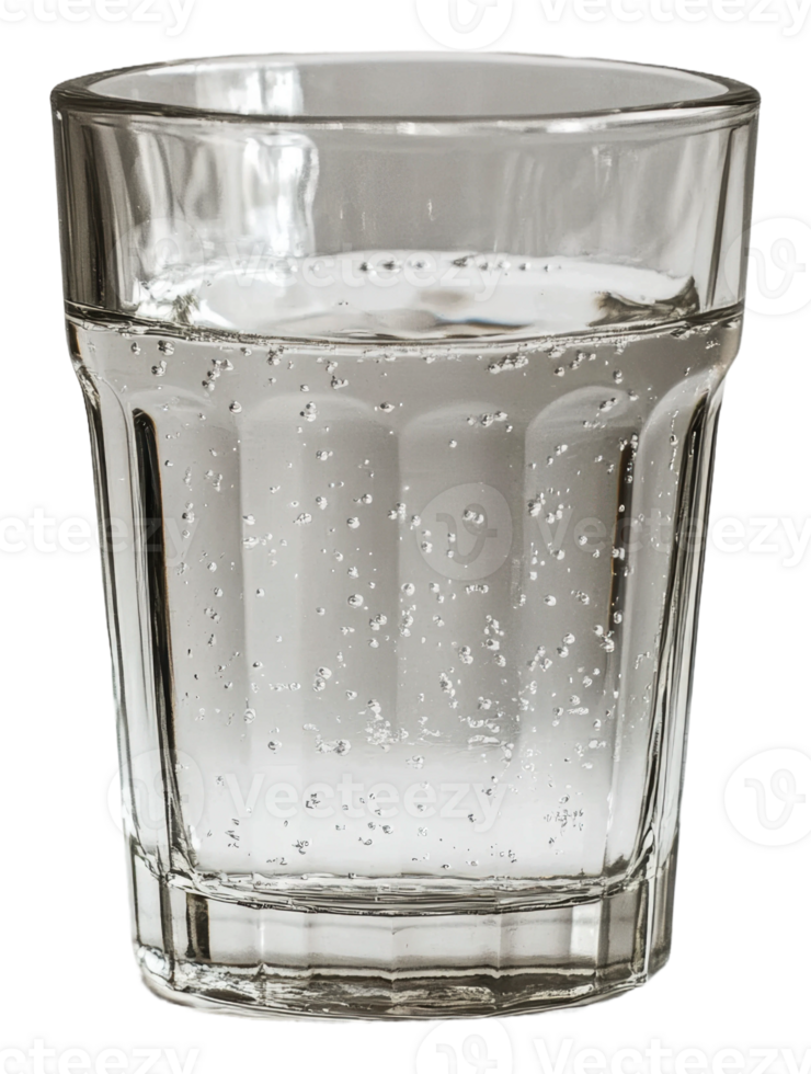 Clear glass filled with sparkling water on a table isolated on transparent background png