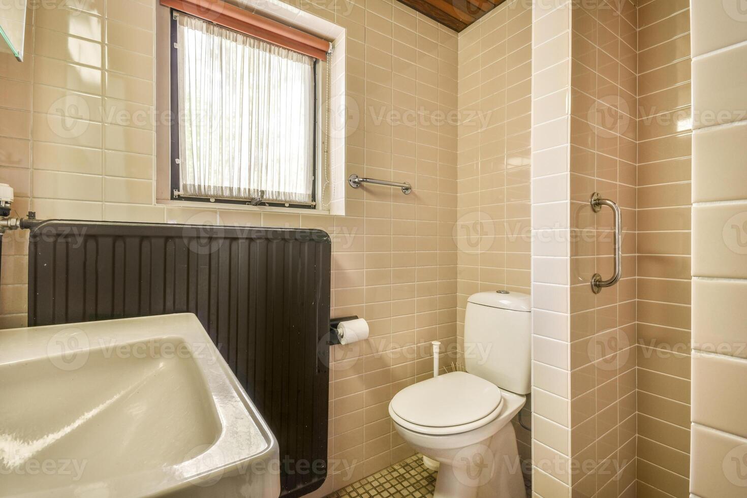 A bathroom with a toilet, sink and shower photo