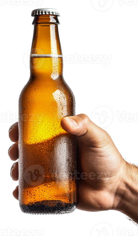 Someone with a cold, wet beer bottle isolated on transparent background png
