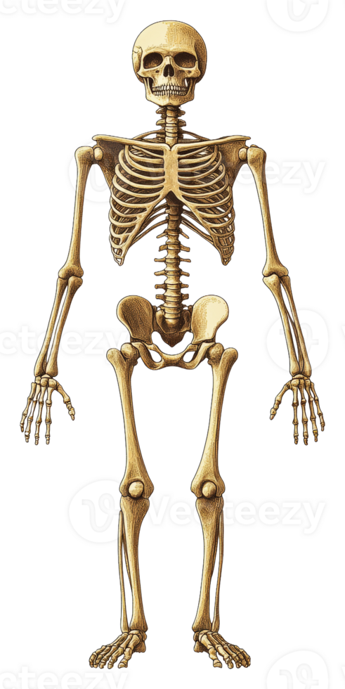 Diagram of a human skeleton in anatomical position isolated on transparent background png