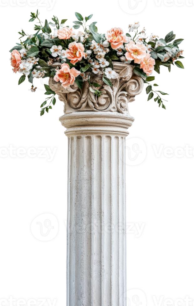 Elegant floral arrangement atop a classical column isolated on transparent background png
