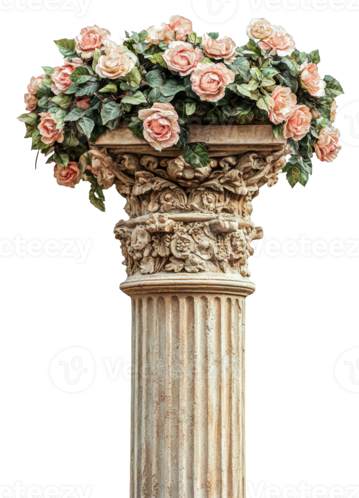 Decorative column with flowers in a garden setting isolated on transparent background png