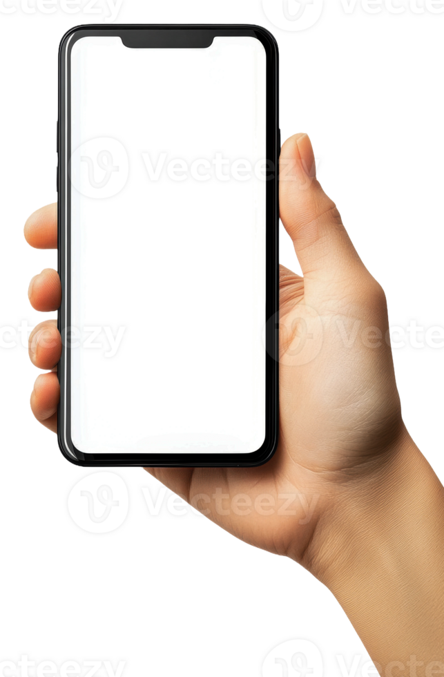 A person holding a smartphone with a blank screen isolated on transparent background png