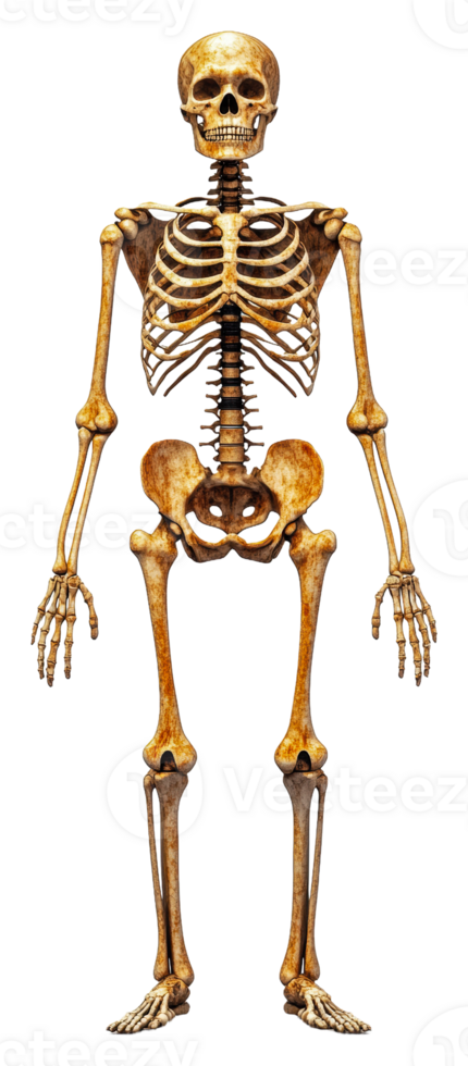 Full-standing anatomical skeleton model isolated on transparent background png