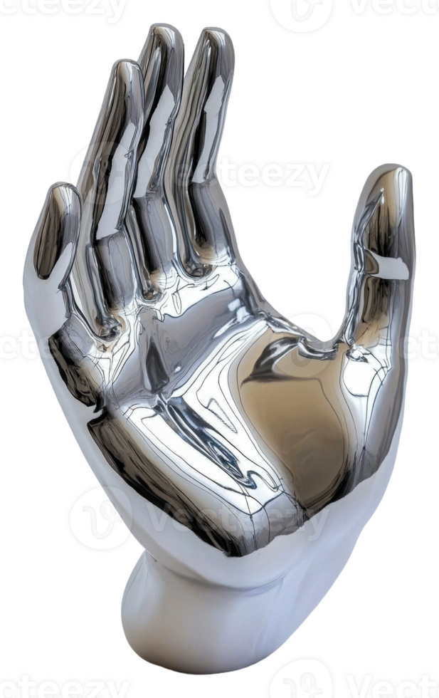 Shiny metallic hand sculpture displayed indoors isolated on transparent background png