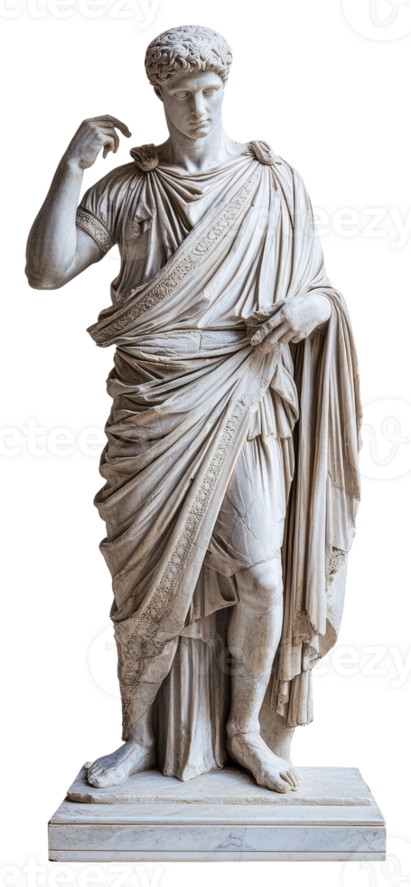 Ancient Roman statue of a figure wearing a toga isolated on transparent background png