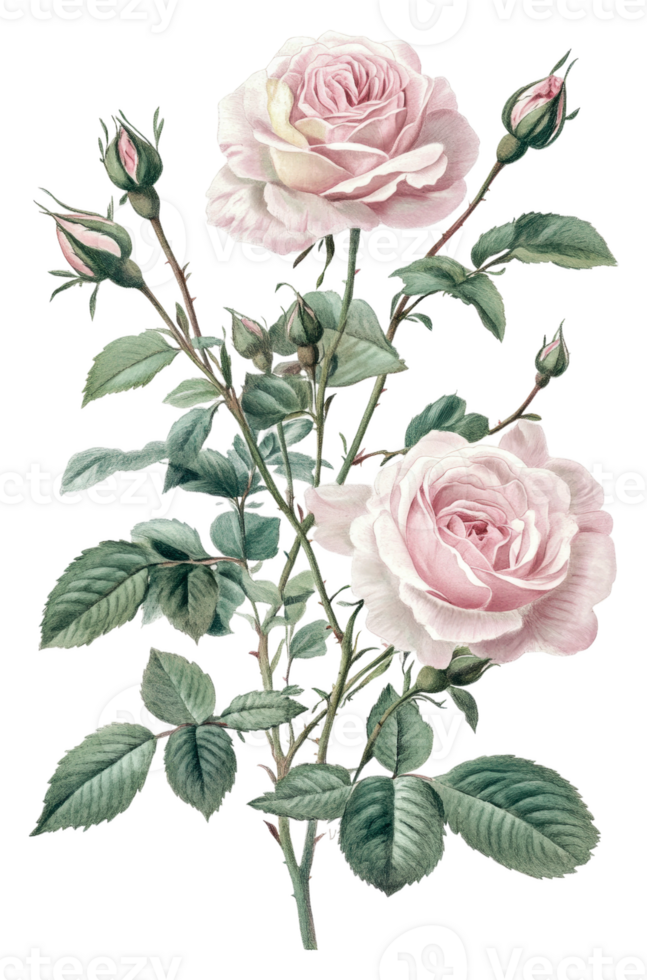 Pink roses with delicate buds and green leaves isolated on transparent background png