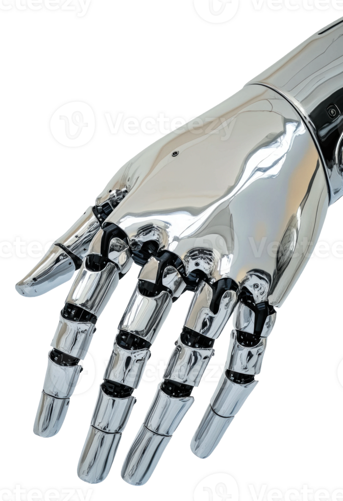 Detailed close-up of a shiny robotic hand design isolated on transparent background png