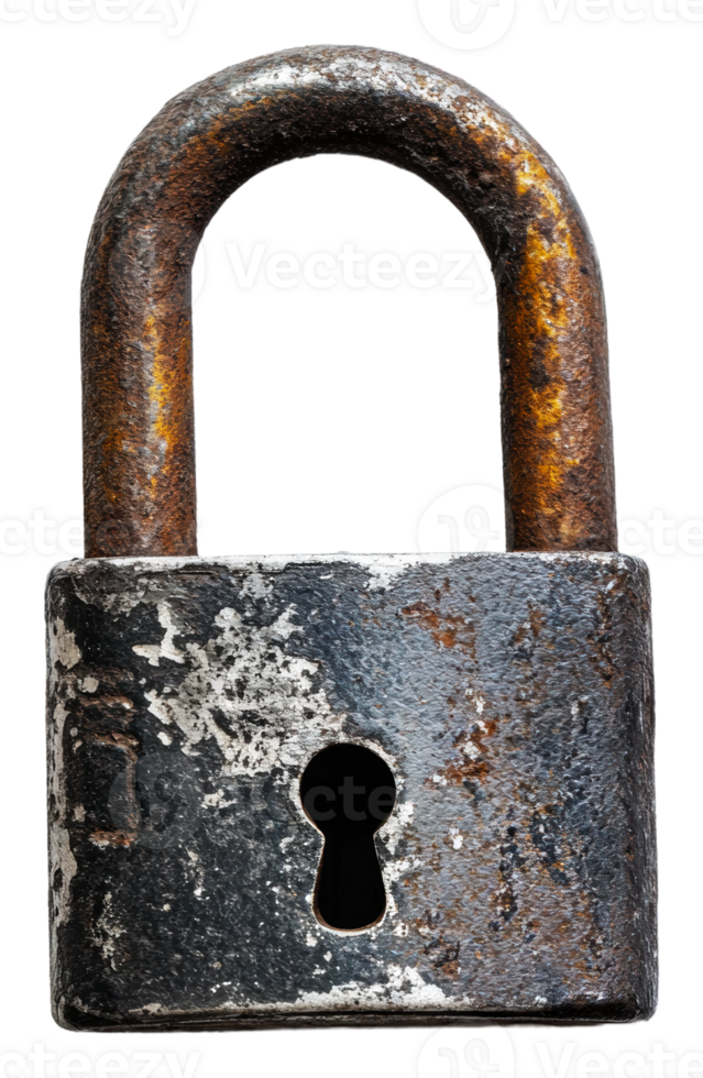 Rusted padlock resting on a textured surface isolated on transparent background png