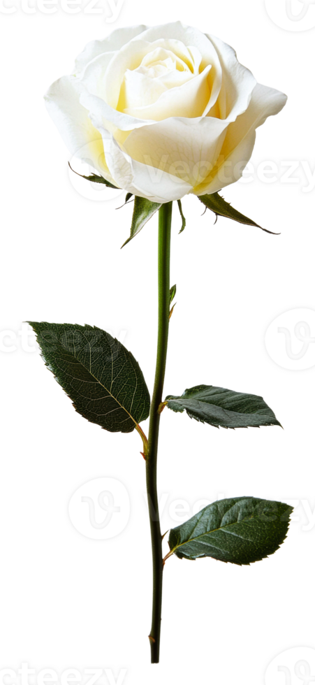 Elegant white rose with green leaves on a stem isolated on transparent background png