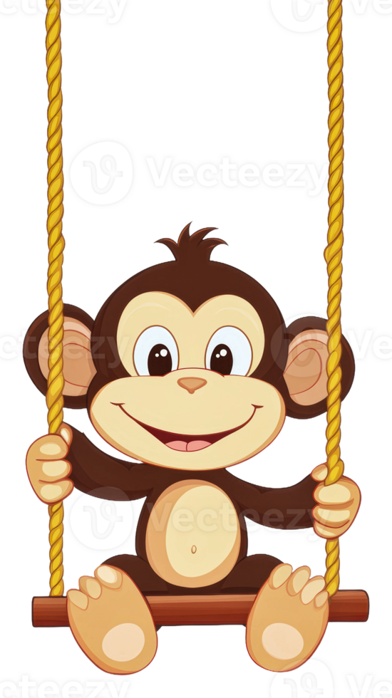Happy cartoon monkey swinging on a rope swing isolated on transparent background png