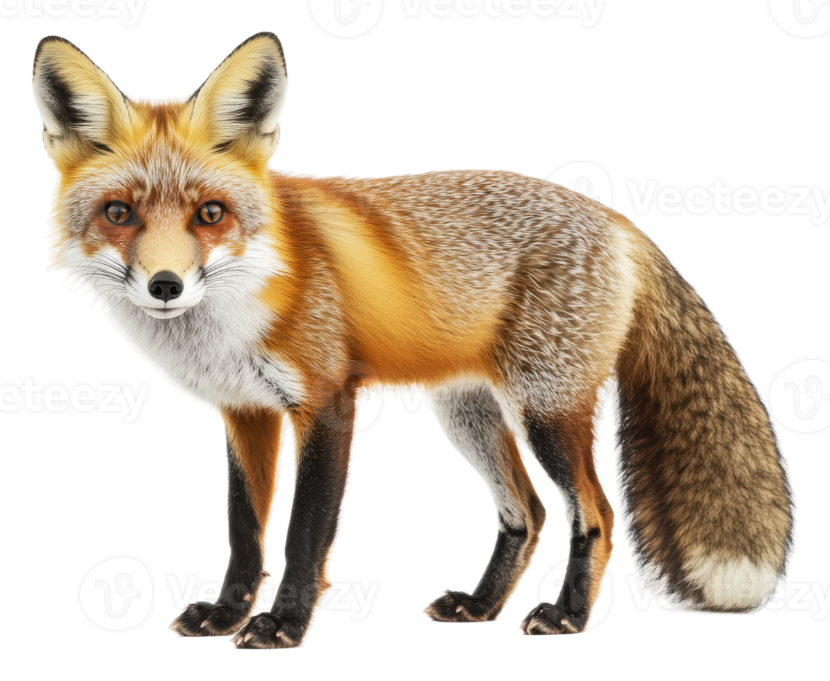 A red fox stands alert in a natural pose isolated on transparent background png