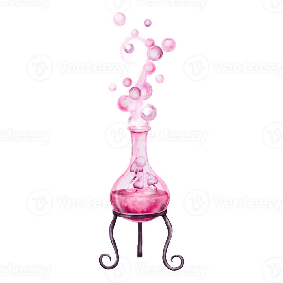 Glass flask, bottle with pink liquid and poisonous mushrooms, Love potion, magic elixir. Attributes for Halloween, Sabbath, Valentine's Day. Accessory of a witch, sorceress, fortune teller, chemist png