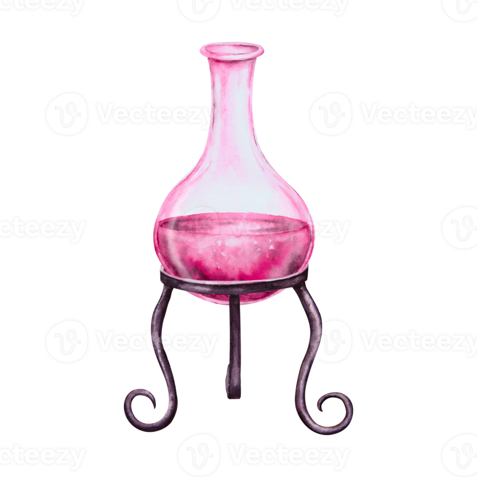 Glass transparent flask, bottle with pink liquid, test tube with love potion, magic elixir. Attributes for Halloween, Sabbath, Valentine's Day. Accessory of a witch, sorceress, fortune teller, chemist png