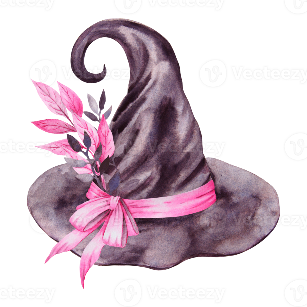 Black hat of witch, sorcerer, magician. Gothic vintage attribute of mysticism, magic, astrology. Symbol of Halloween, Sabbath, carnival, theme party. Watercolor hand drawn cut out and isolated clipart png