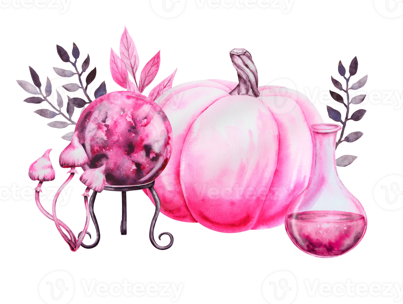 Pink pumpkin, bottle with pink liquid, poisonous mushrooms, magic ball of predictions for mysterious fortune telling. Cut out isolated clipart for Halloween, Sabbath, theme party. Handdrawn watercolor png