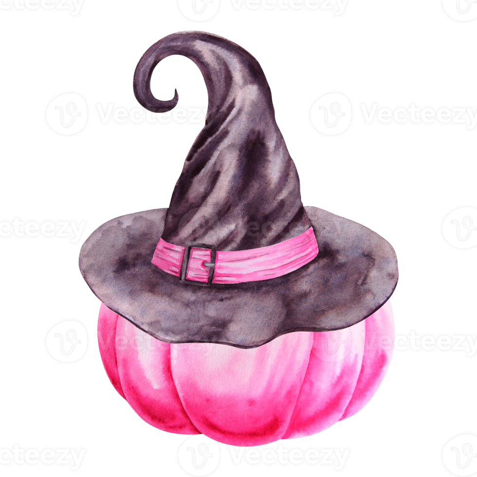 Pink pumpkin, squash in black hat of witch, sorcerer, magician. Attribute of mysticism, magic. Symbol of Halloween, Sabbath, carnival, theme party. Watercolor hand drawn cut out isolated clipart png