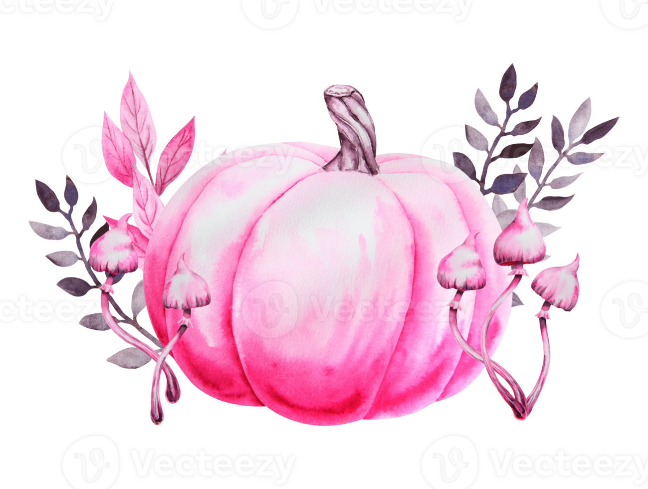 Pink pumpkin, squash, poisonous mushroom and plants. Cut out isolated autumn vegetable clipart. Botanical realistic hand drawn watercolor painting. Halloween design element. Suitable for prints png