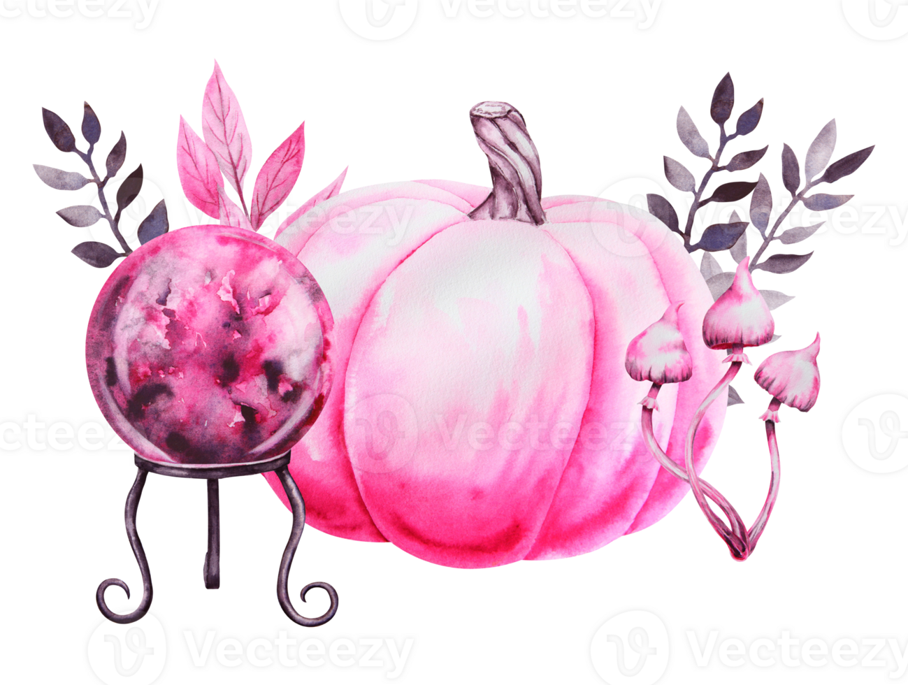 Pink pumpkin, squash, poisonous mushrooms, magic ball of predictions for mysterious fortune telling. Cut out isolated clipart for Halloween, Sabbath, theme party. Hand drawn watercolor painting. png