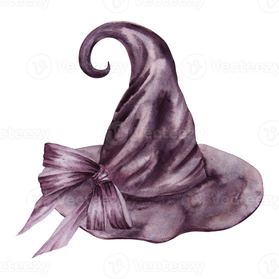 Black hat of witch, sorcerer, magician. Gothic vintage attribute of mysticism, magic, astrology. Symbol of Halloween, Sabbath, carnival, theme party. Watercolor hand drawn cut out and isolated clipart png