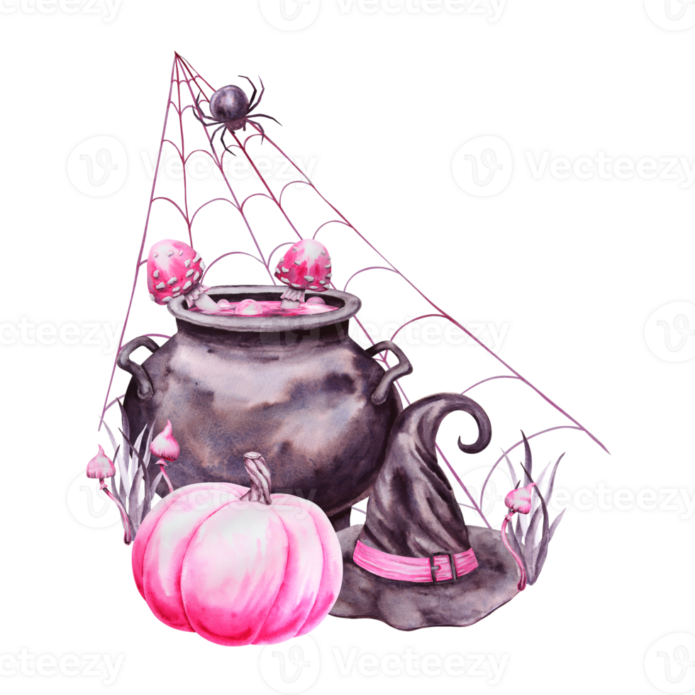 Pink pumpkin, black witch hat, cauldron with potion and poisonous mushrooms, fly agaric, spider on web. Symbol of mysticism, magic, Halloween, Sabbath. Watercolor hand drawn cut out isolated clipart png