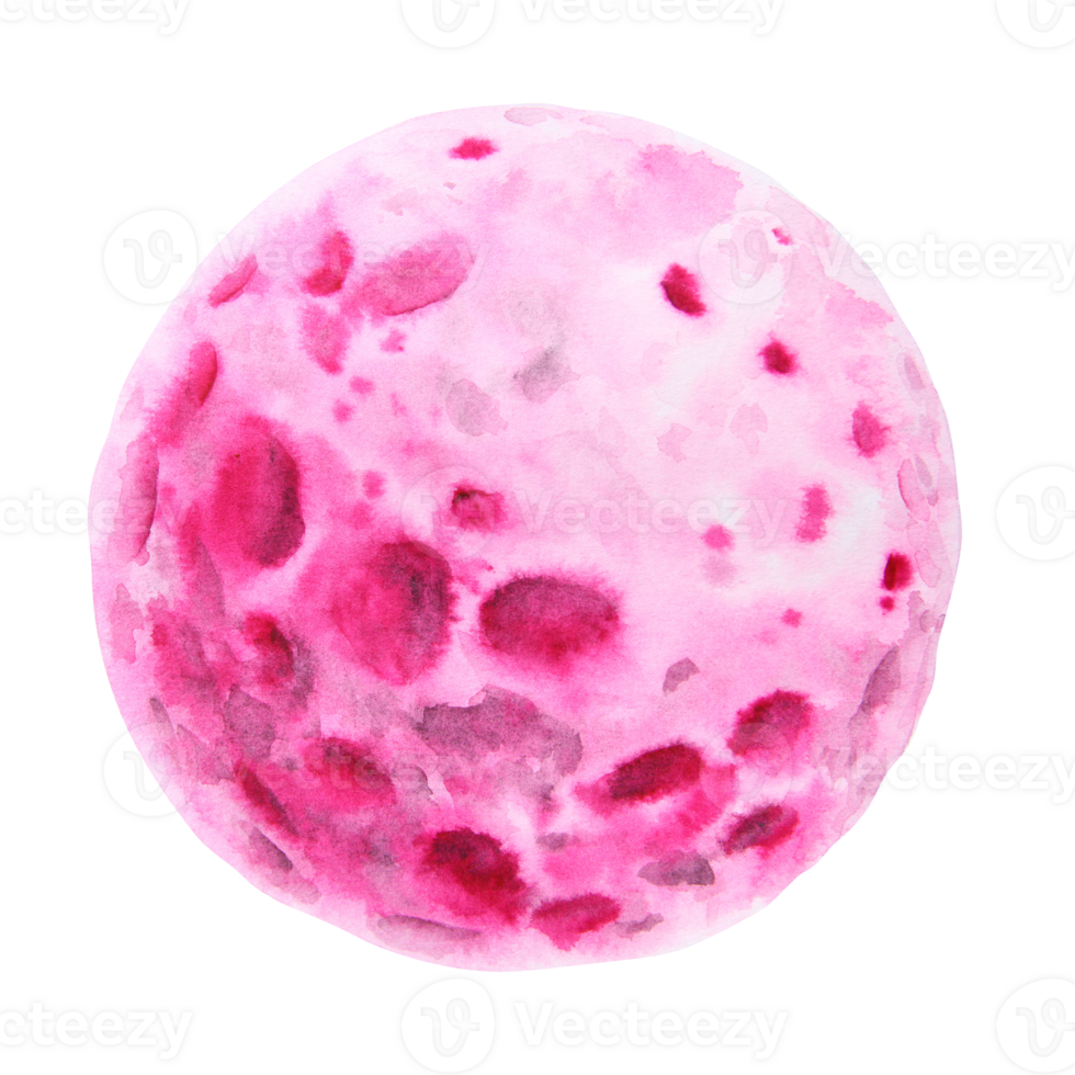 Full moon. Watercolor handdrawn cutout isolated illustration. Symbol of abundance, cyclic renewal, occult power, intuition. Pink round planet. Magical night satellite drawing for Halloween, astrology png