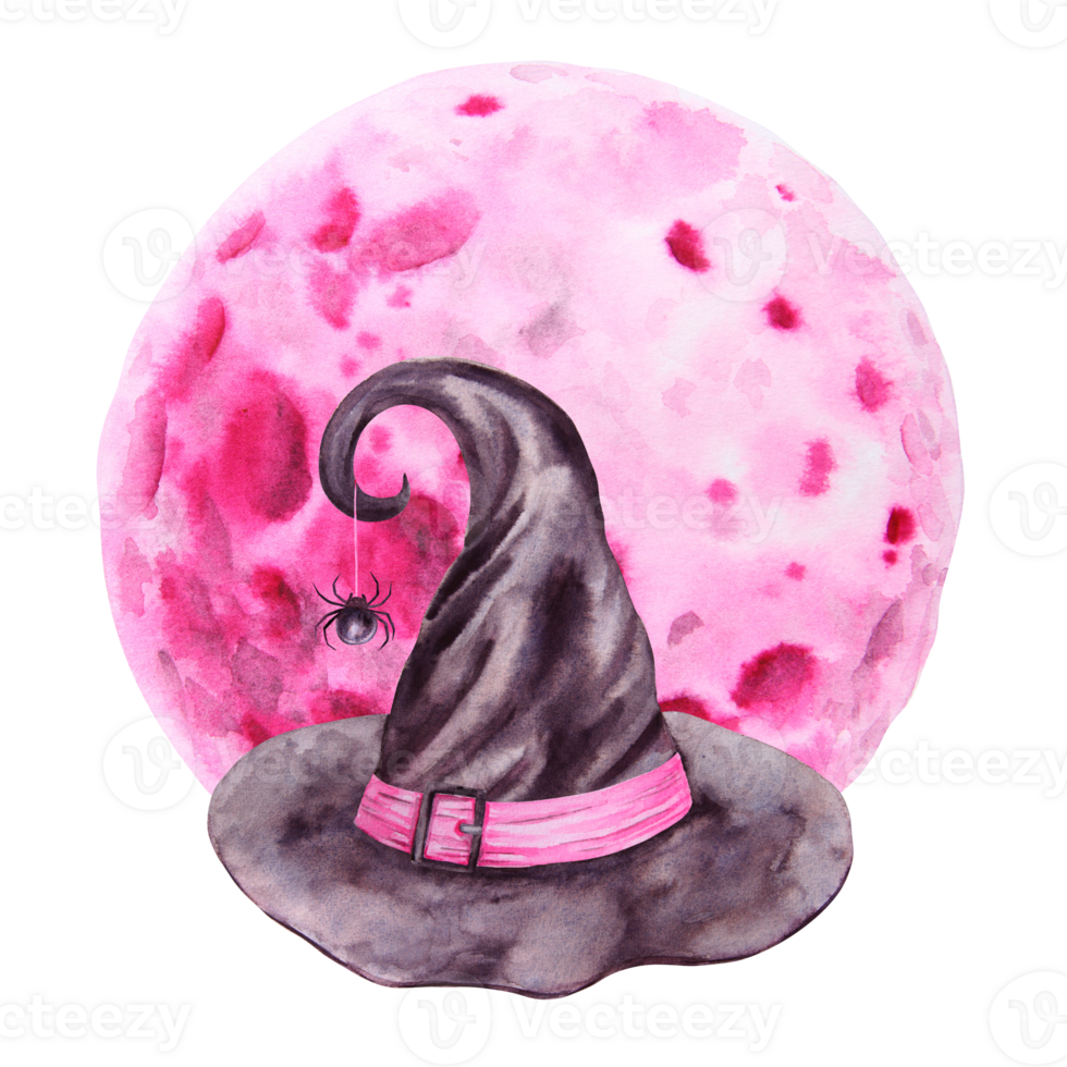 Pink full moon, black witch hat and spider on web. Watercolor hand drawn cut out isolated illustration. Round planet. Magical night satellite drawing for Halloween, astrology. Symbol of cyclic renewal png