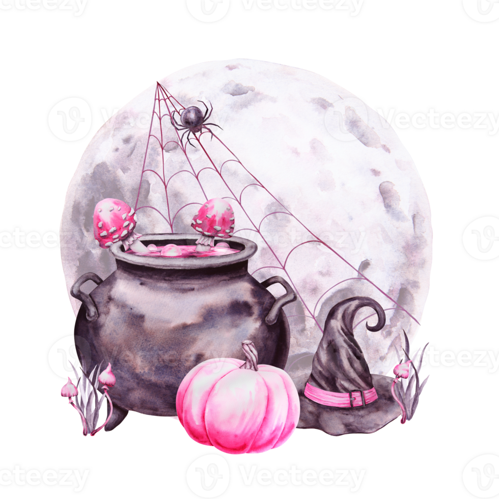 Full Moon, pink pumpkin, black witch hat, cauldron with potion and poisonous mushrooms, fly agaric, spider on web. Symbol of magic, Halloween, Sabbath. Watercolor hand drawn cut out isolated clipart png