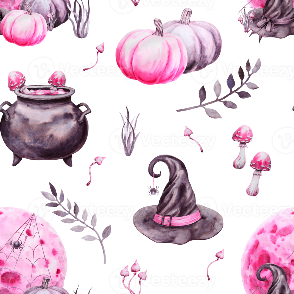 Seamless pattern for Halloween. Hand-drawn with watercolor. Drawn attributes of a magical sabbath. witch hat, pumpkins, poisonous mushrooms, cauldron with potion, spider on web, full moon. Background png