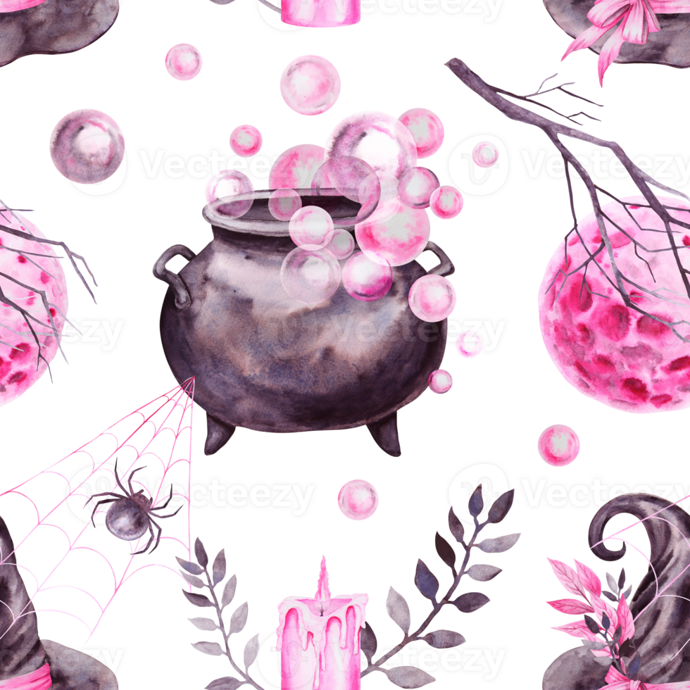 Seamless pattern for Halloween. Hand-drawn with watercolor. Drawn attributes of the witch's sabbath. hat, cauldron with potion, spider on web, full moon, candle. Background for wrapping paper, fabric png