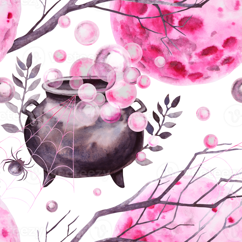 Seamless pattern for Halloween. Hand-drawn with watercolor. Drawn attributes of a magical sabbath. a cauldron with a potion, spider on a web, a full moon, branch. Background for wrapping paper, fabric png