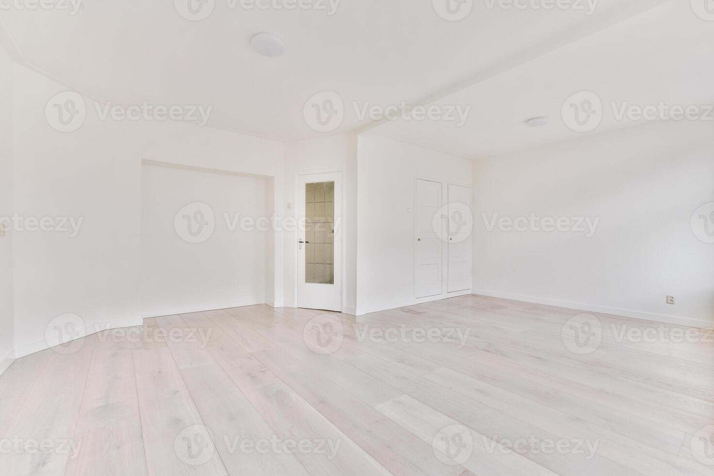 Empty room with white walls and wooden floors photo