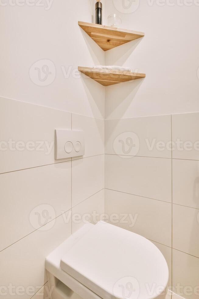A toilet sitting next to a shelf with a bottle of shampoo photo