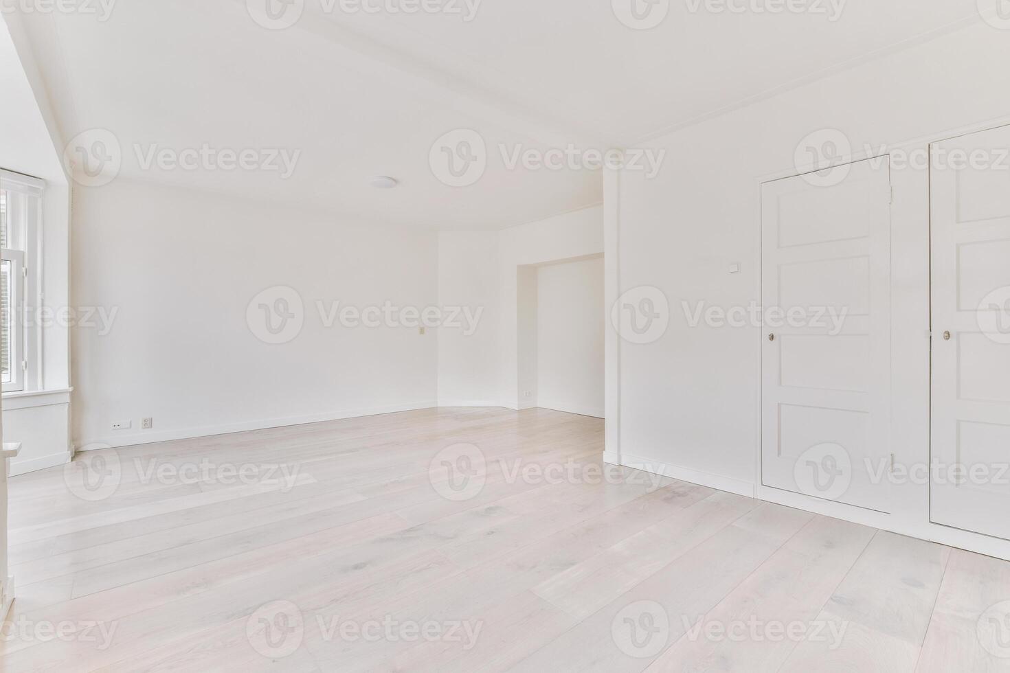 An empty room with white walls and wooden floors photo