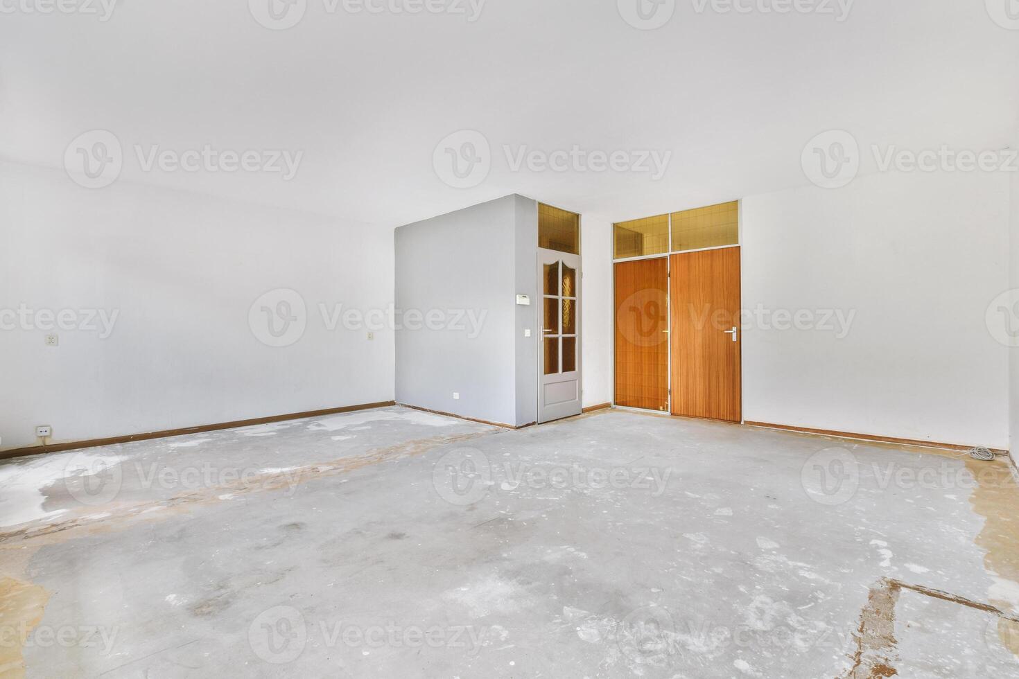Empty room with white walls and wooden door photo