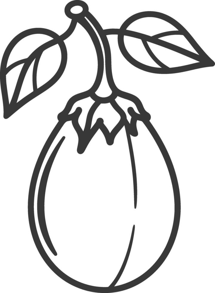 A black and white drawing of a fruit with leaves vector