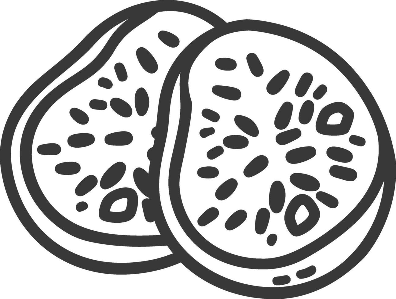 A black and white drawing of two slices of fruit vector