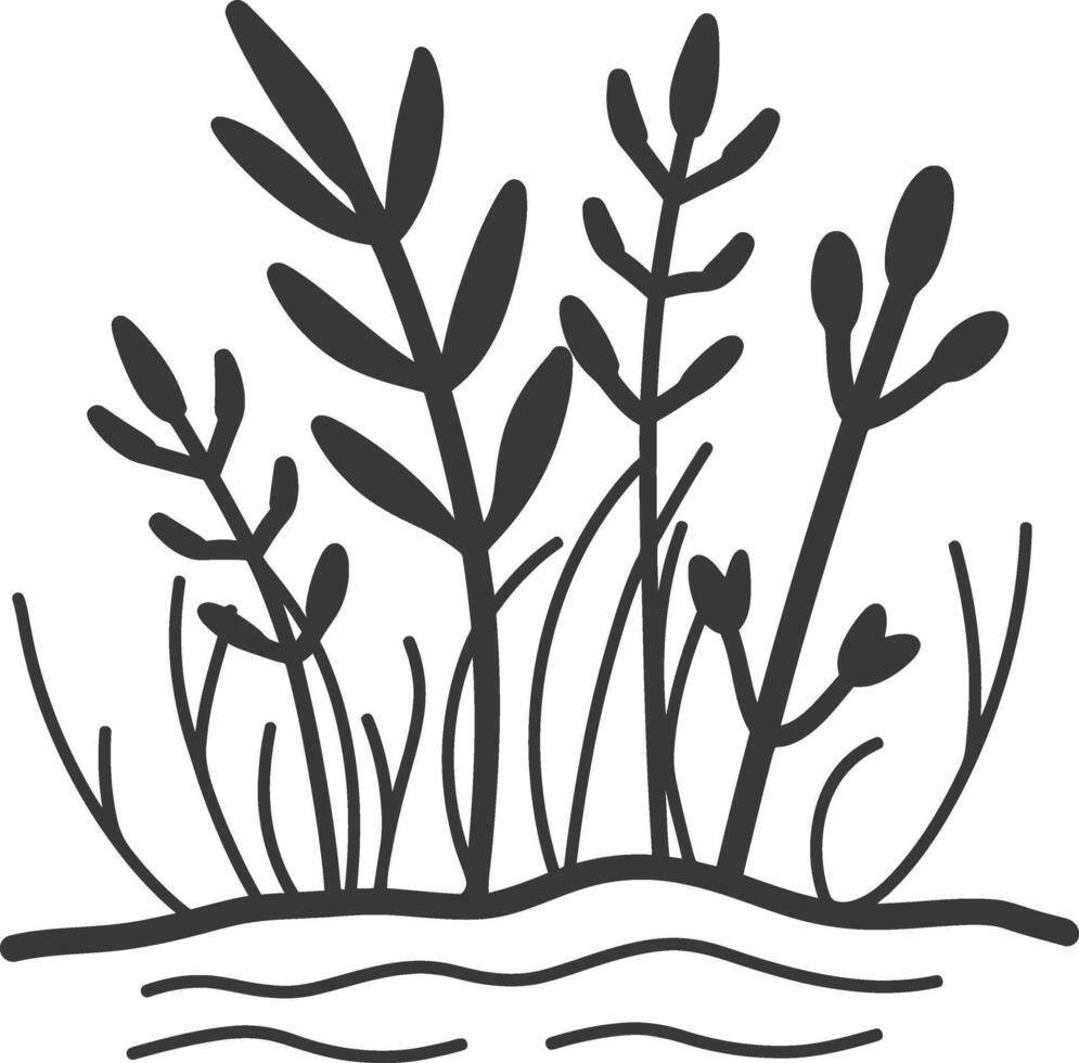 A black and white drawing of plants in the water vector