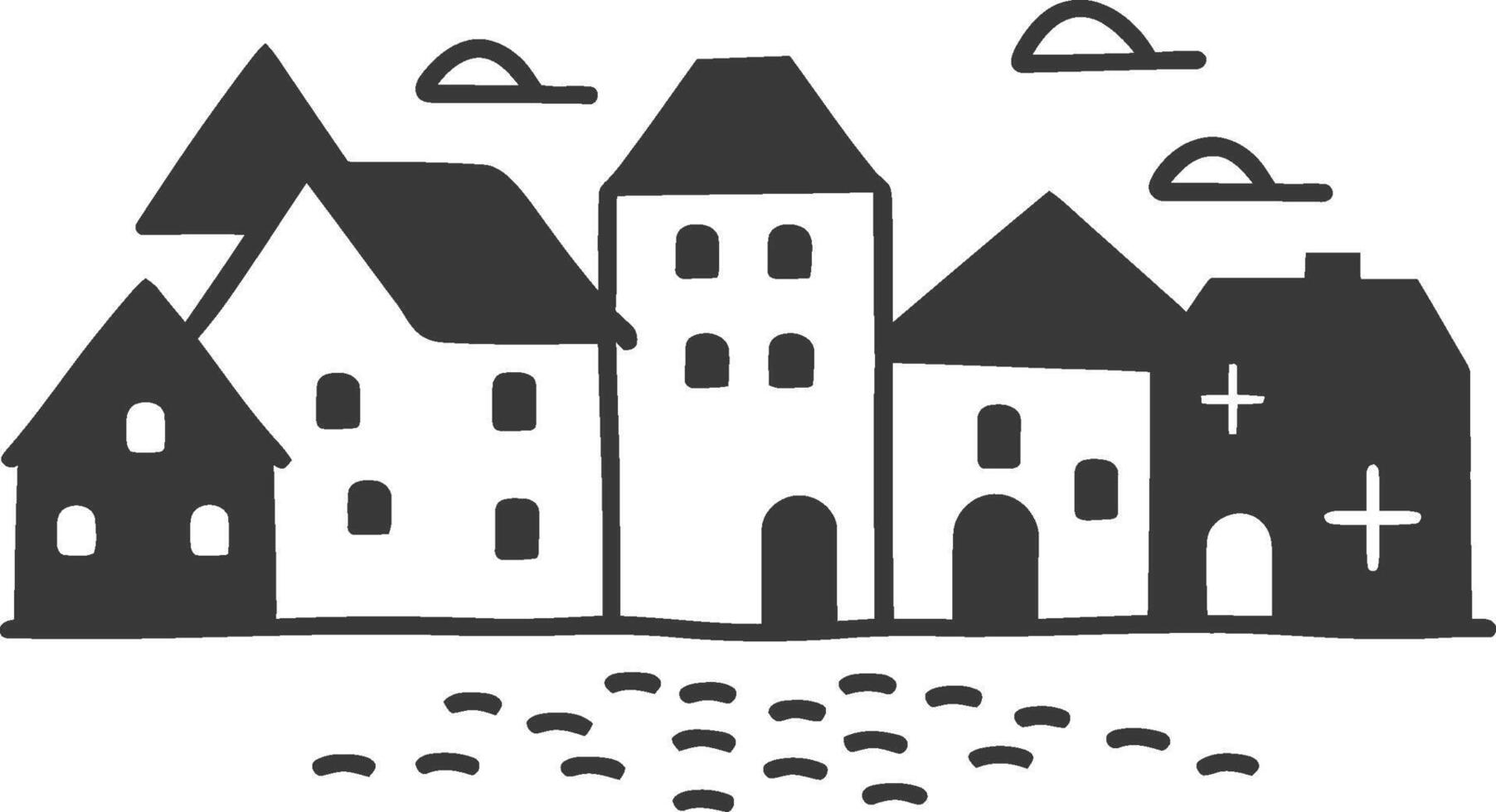 A black and white illustration of a town with houses vector
