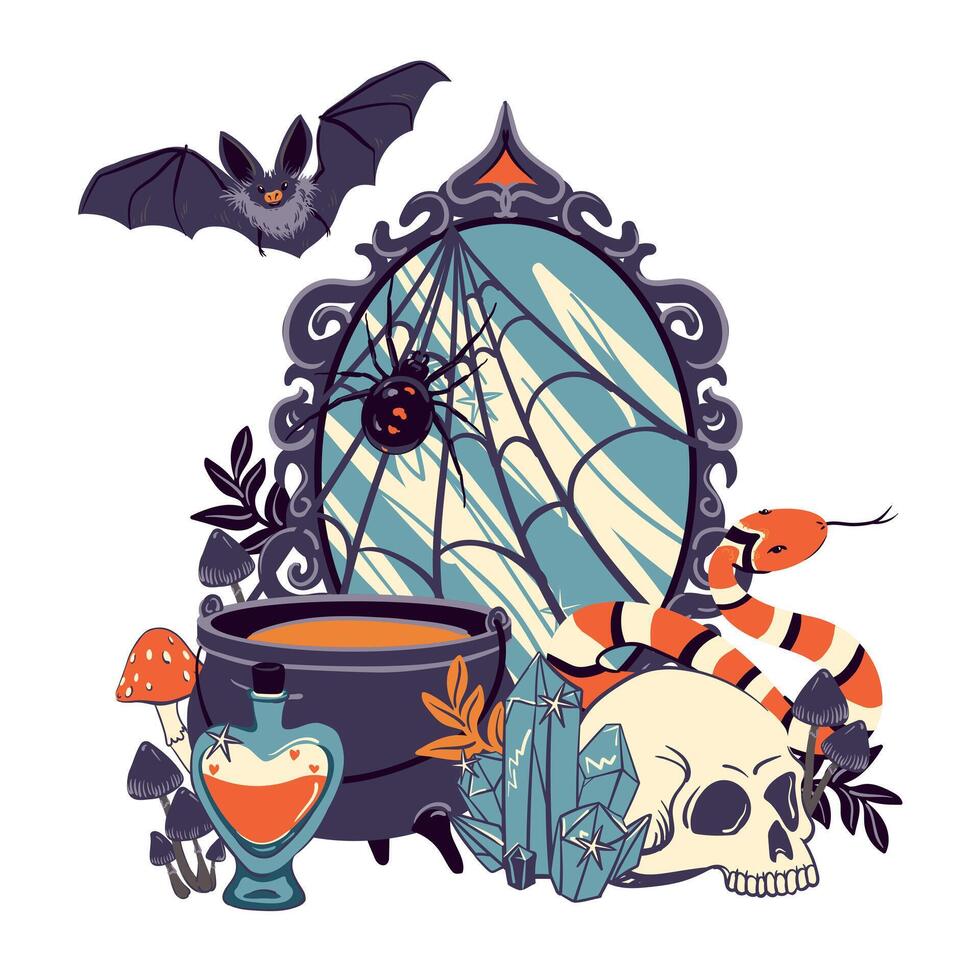 mystical illustration with magic mirror, black cauldron, crystal ball, skull and snake. Concept art for tattoo or occult related project. Witchcraft, astrological, esoteric, magic symbols. vector