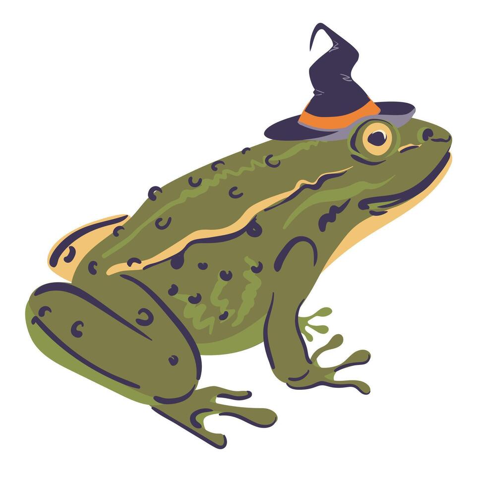 Green European frog with spotted skin. Witch familiar, totem animal, magical pet. Flat graphic illustration of marsh toad. vector