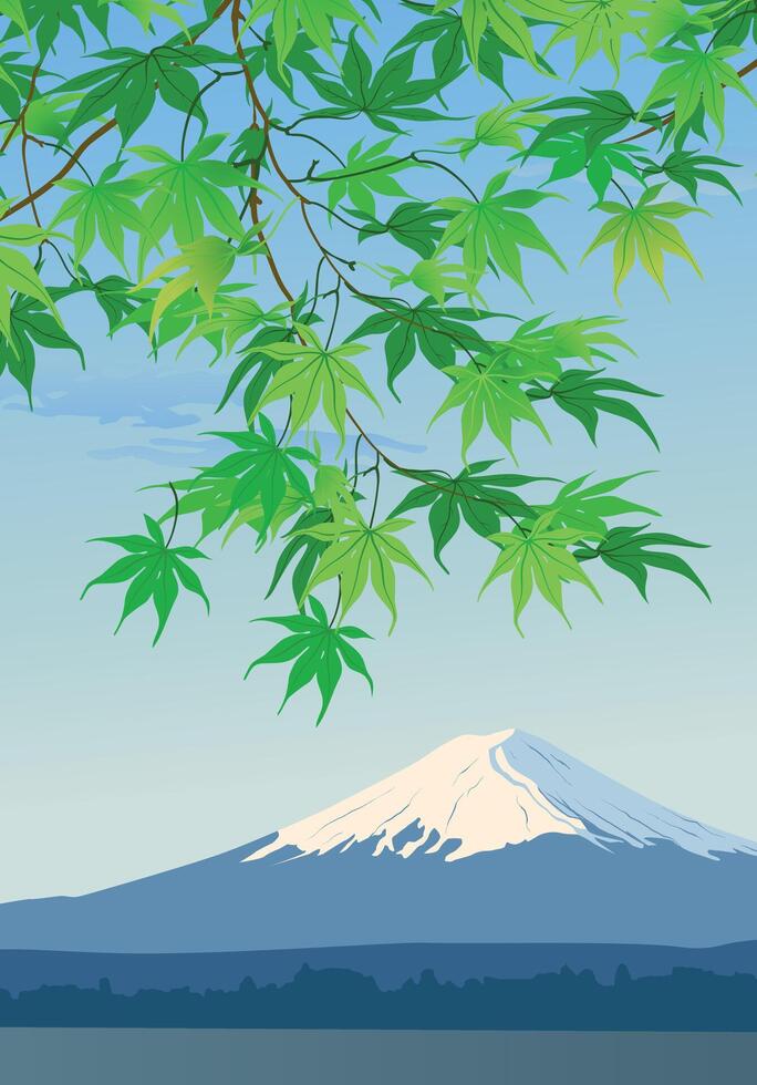 Spring branches on the background of Mount Fuji. The warm season, the beginning of summer, the snow at the top has not yet melted. Green Japanese leaves hang down from above. horizontal format. vector