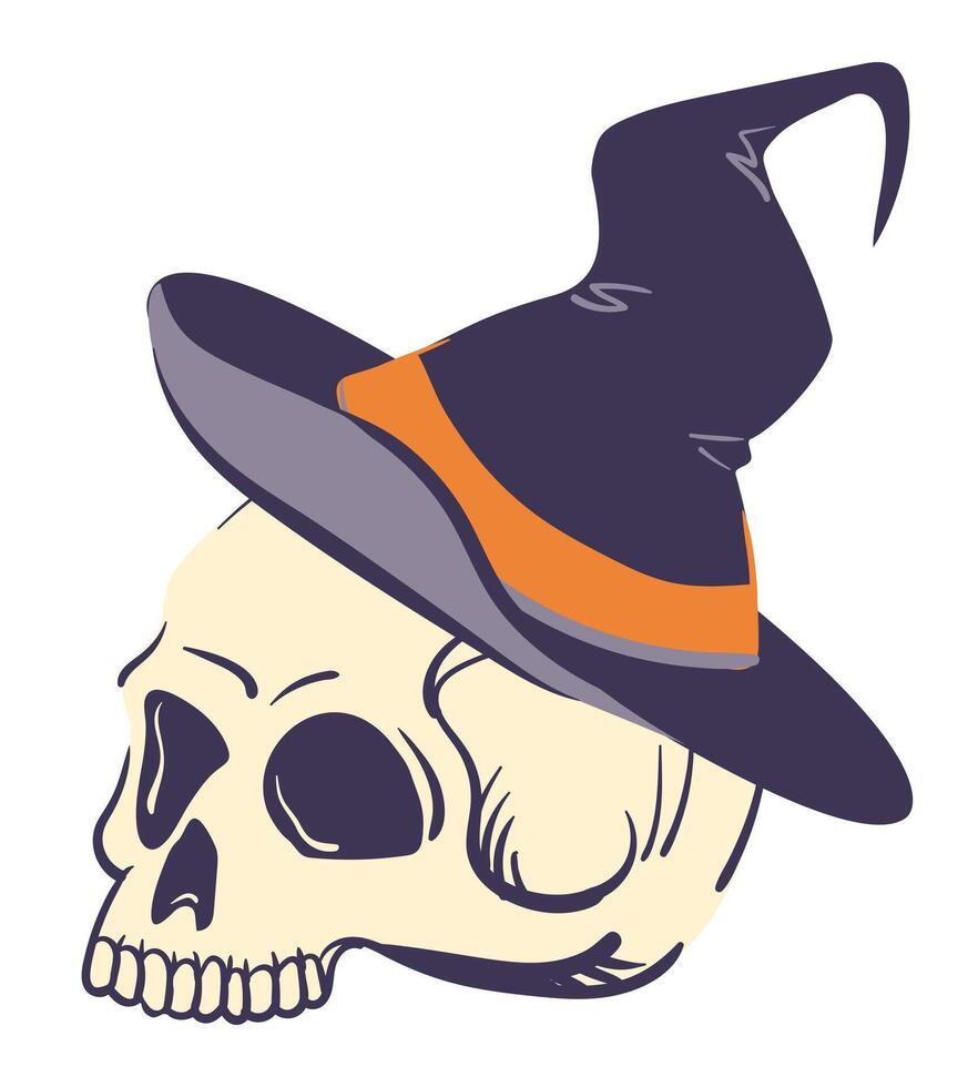 Illustration of human skull in pointed witch hat. stylized cranium and magic cap for Halloween decor or product design in mystical style, attribute for witches' magical rituals. vector
