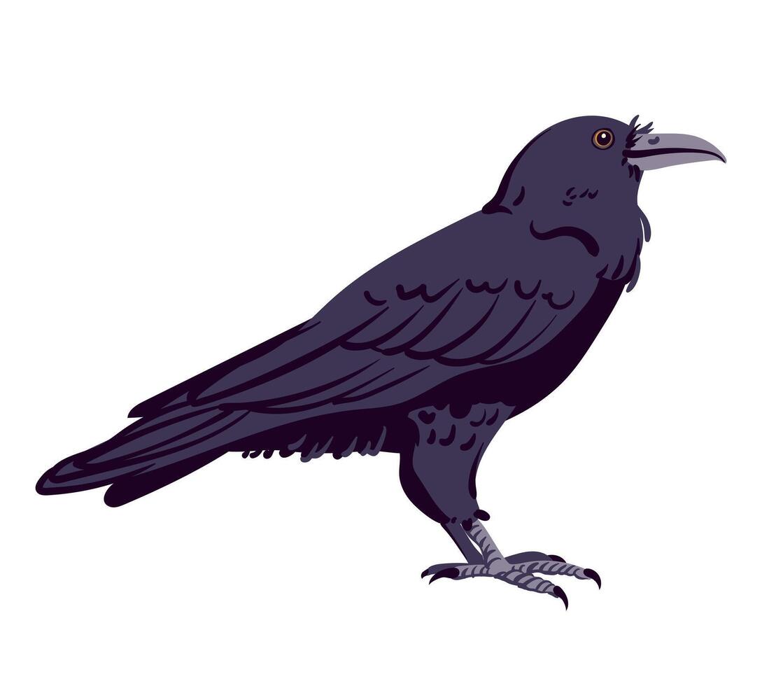 Black raven illustration. Cartoon style, flat design. Halloween, horror concept. Magic crow witch familiar, totem animal. Symbol of death and mysticism, guide to the afterlife. vector