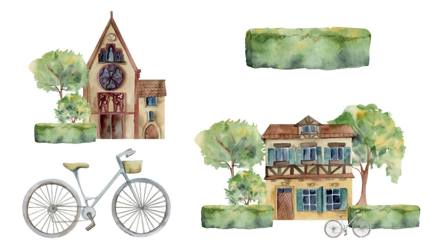 Old European city town village street houses, facades. Historical cityscape building, green hedge trees, parked bicycle. Watercolor hand drawn illustration. Tourist shops, souvenirs, travel brochures vector