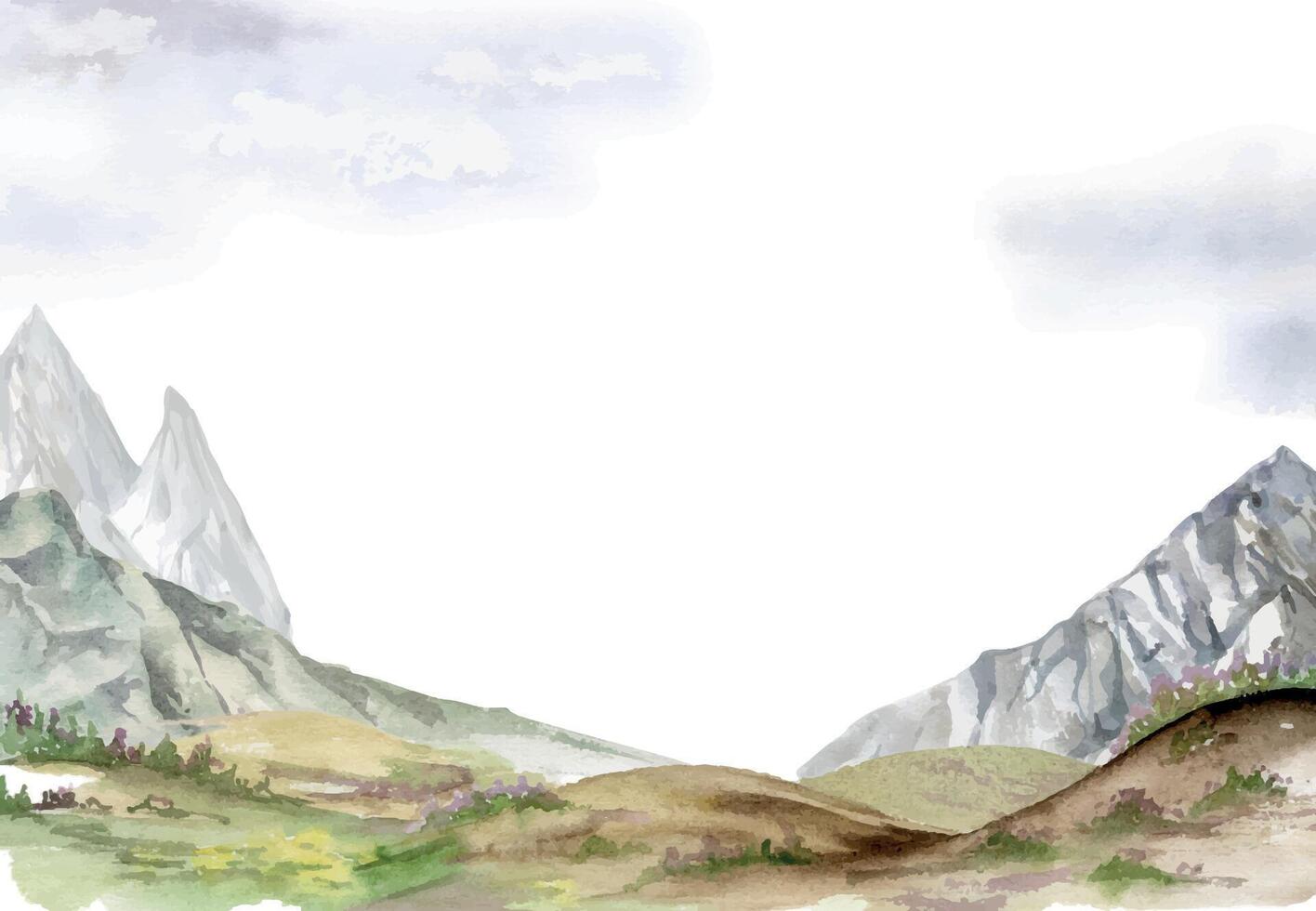 Scenery landscape, mountain range snowy peaks cliffs alpine vista, cloudy sky, rolling hills prarie moorland hand drawn in watercolor. Frame for tourism, resort ads, hiking camping sites vacation. vector