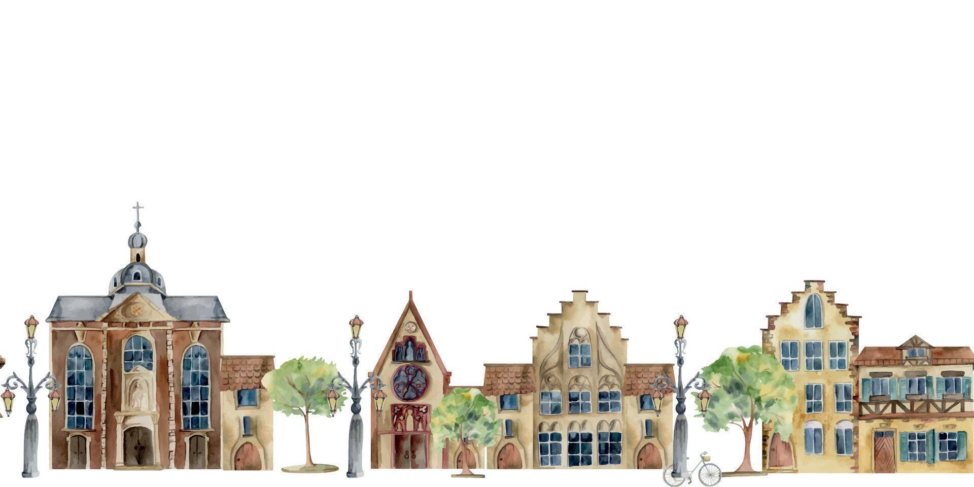 Old European city town street houses, urban exterior facades. Historical cityscape building. Watercolor hand drawn seamless banner. For tourist shops, souvenirs, travel brochures, architectural bureau vector