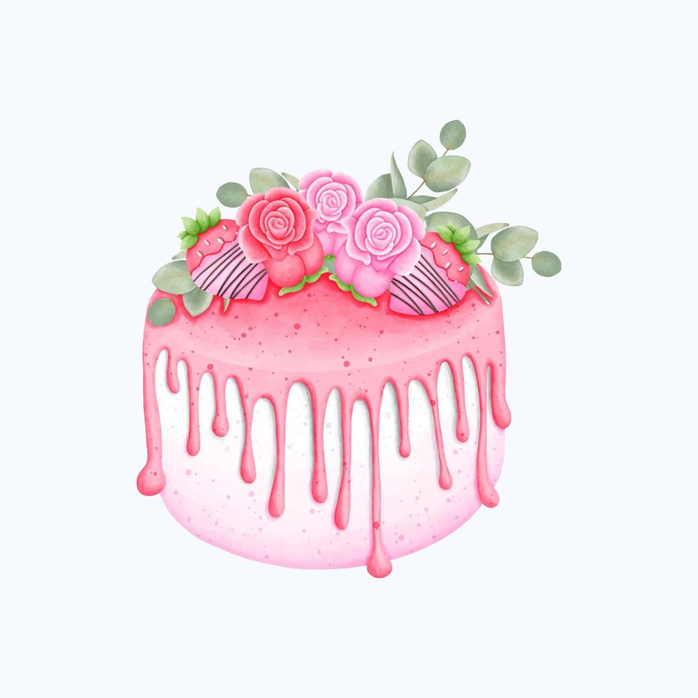 Cute Hand Drawn Watercolor rose Cake Art Pink Festive Cake Illustration with Sweet Berries and Frosting vector